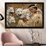 Native Lady With Her Wolves American Indian Art Framed Canvas Prints Wall Art - Painting Canvas, Floating Frame, Home Wall Decor
