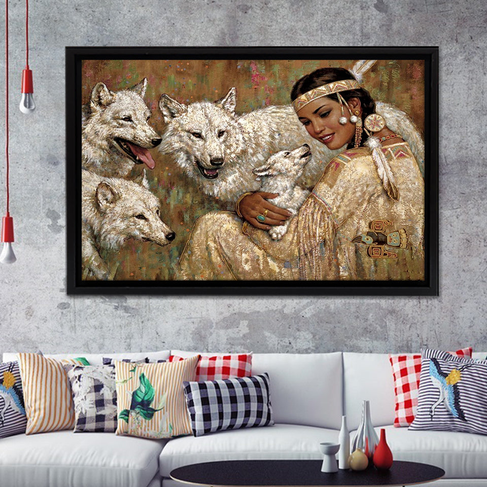 Native Lady With Her Wolves American Indian Art Framed Canvas Prints Wall Art - Painting Canvas, Floating Frame, Home Wall Decor
