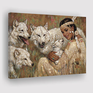 Native Lady With Her Wolves American Indian Art Canvas Prints Wall Art - Painting Canvas, Painting Prints, Home Wall Decor, For Sale