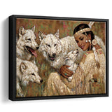 Native Lady With Her Wolves American Indian Art Framed Canvas Prints Wall Art - Painting Canvas, Floating Frame, Home Wall Decor