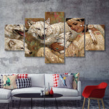 Native Lady With Her Wolves American Indian Art 5 Pieces Canvas Prints Wall Art - Painting Canvas, Multi Panels, Wall Decor