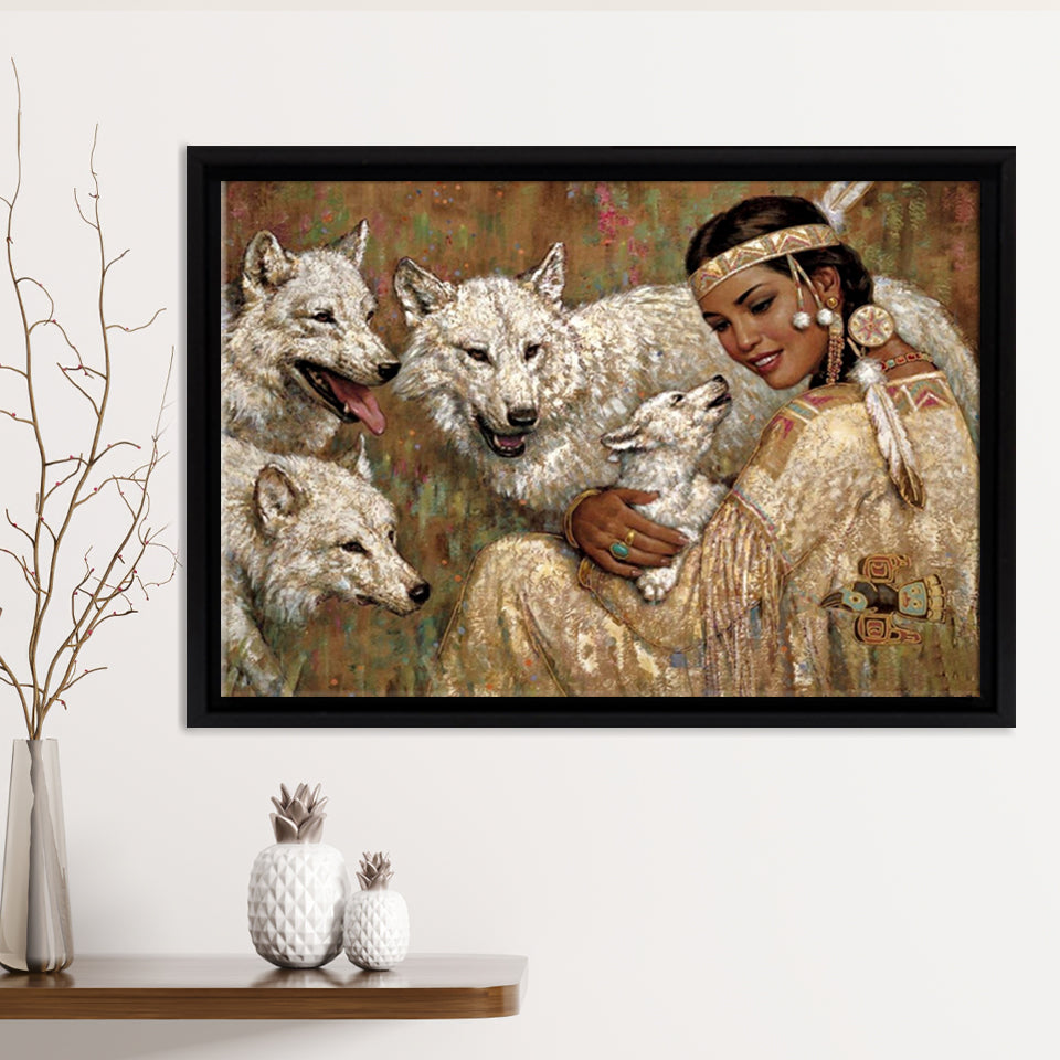 Native Lady With Her Wolves American Indian Art Framed Canvas Prints Wall Art - Painting Canvas, Floating Frame, Home Wall Decor