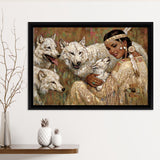 Native Lady With Her Wolves American Indian Art Framed Canvas Prints Wall Art - Painting Canvas, Floating Frame, Home Wall Decor