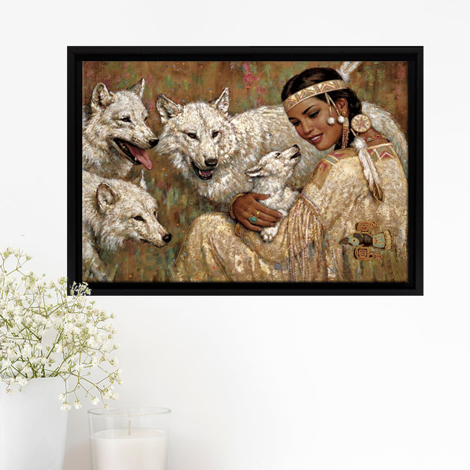 Native Lady With Her Wolves American Indian Art Framed Canvas Prints Wall Art - Painting Canvas, Floating Frame, Home Wall Decor