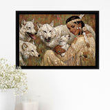 Native Lady With Her Wolves American Indian Art Framed Canvas Prints Wall Art - Painting Canvas, Floating Frame, Home Wall Decor