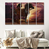 Native Woman With Her Horse Animated American Indian Art 5 Pieces B Canvas Prints Wall Art - Painting Canvas, Multi Panels, Wall Decor