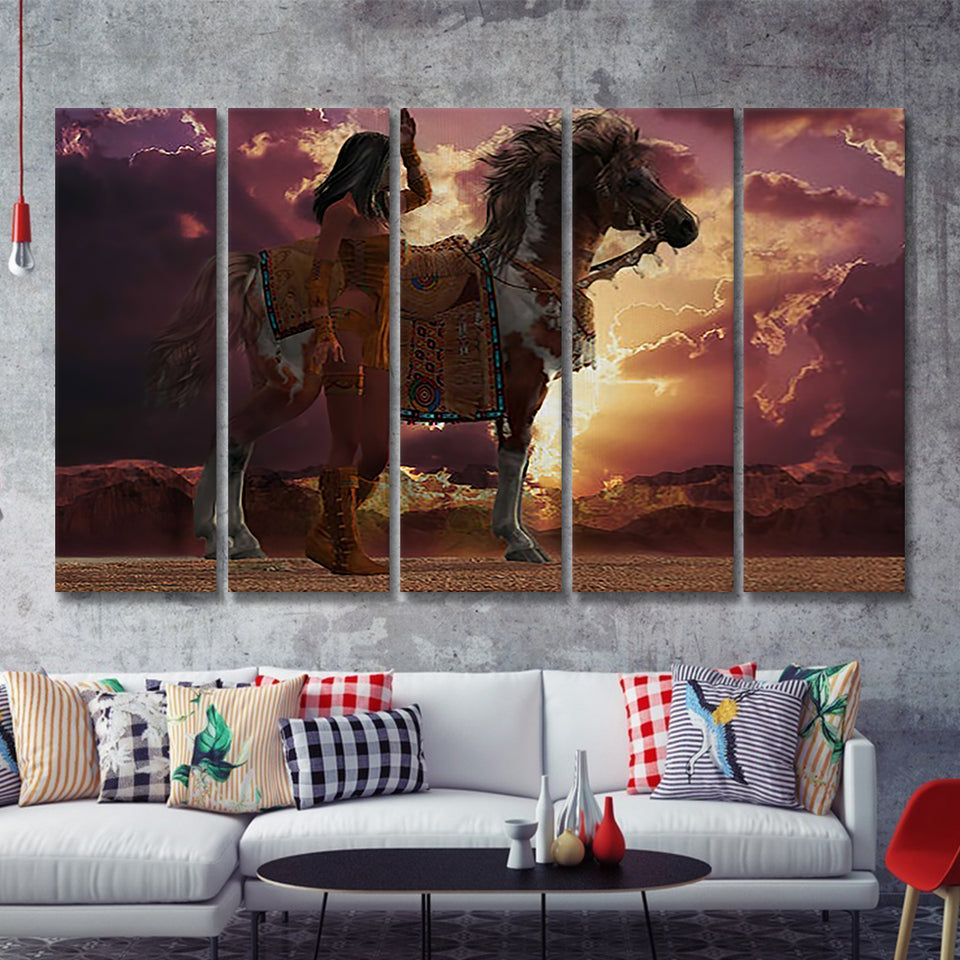 Native Woman With Her Horse Animated American Indian Art 5 Pieces B Canvas Prints Wall Art - Painting Canvas, Multi Panels, Wall Decor