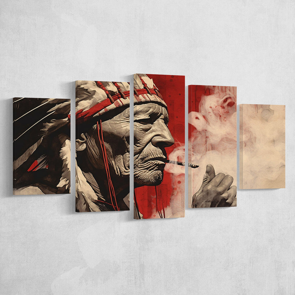 Native American Black And Red, 5 Panel Canvas Prints Wall Art,Mixed Canvas, Large Canvas