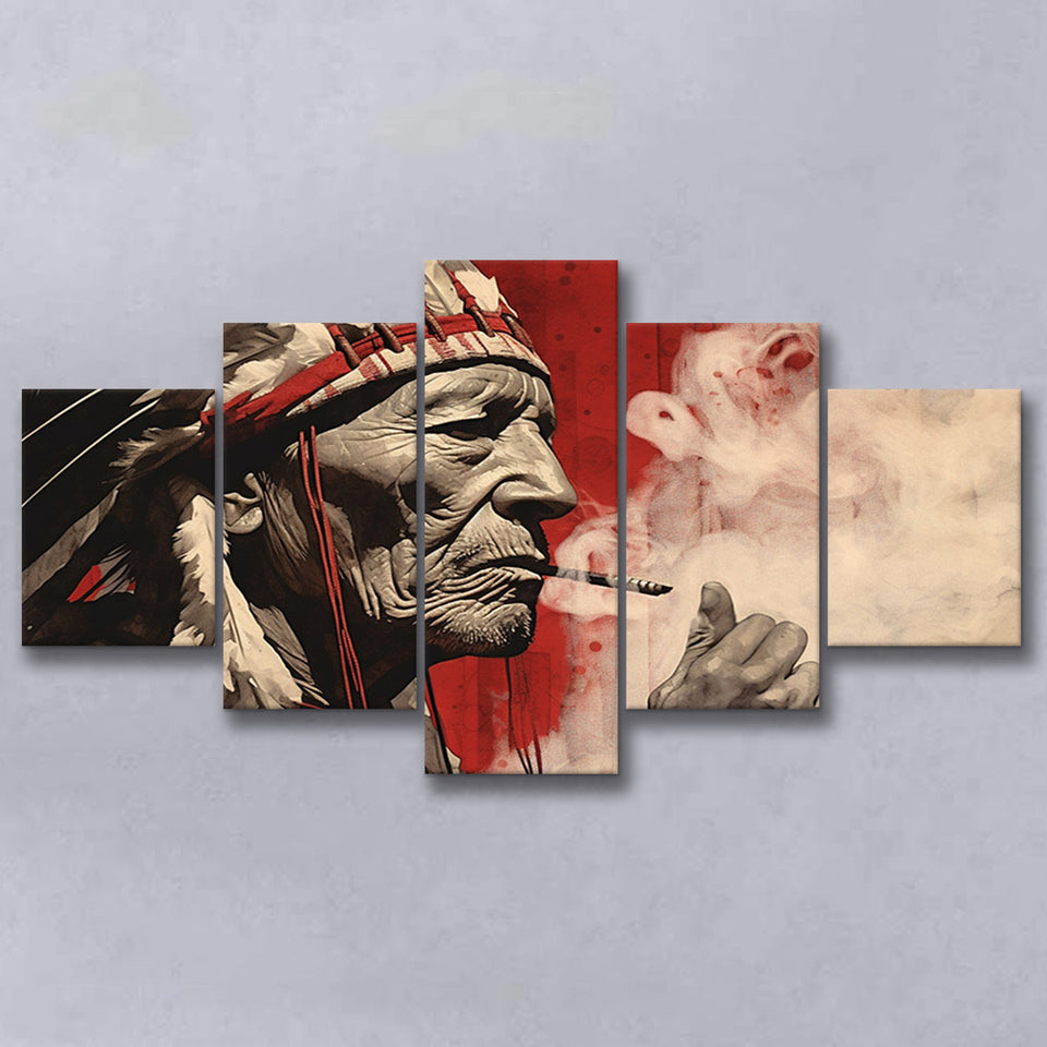 Native American Black And Red, 5 Panel Canvas Prints Wall Art,Mixed Canvas, Large Canvas