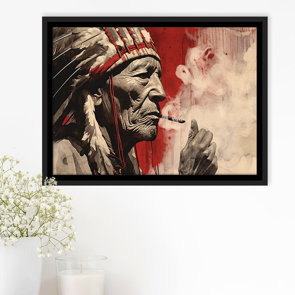 Native American Black And Red Framed Canvas Prints Wall Art, Floating Frame, Large Canvas Home Decor