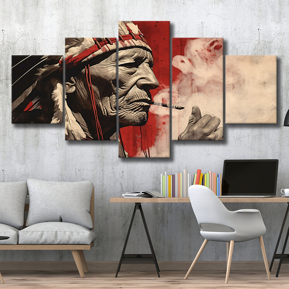 Native American Black And Red, 5 Panel Canvas Prints Wall Art,Mixed Canvas, Large Canvas