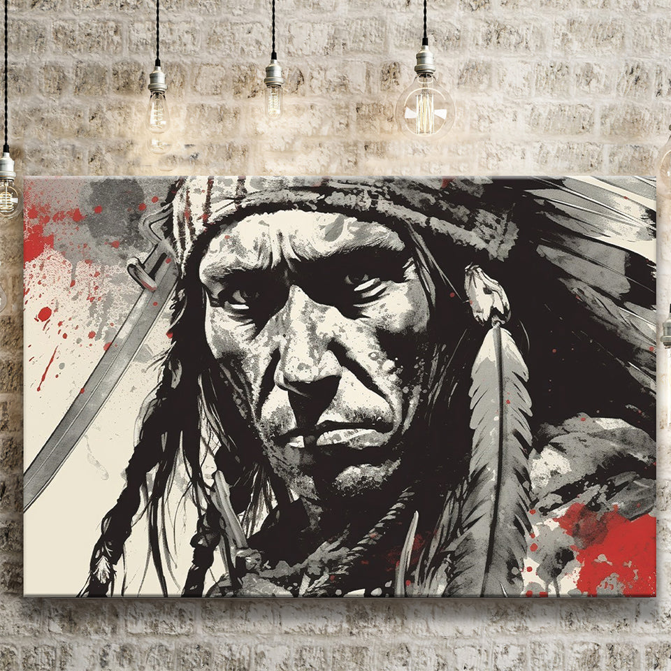 Native American Warrior Baclk And Red Canvas Prints Wall Art, Home Living Room Decor, Large Canvas