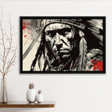 Native American Warrior Baclk And Red Framed Canvas Prints Wall Art, Floating Frame, Large Canvas Home Decor