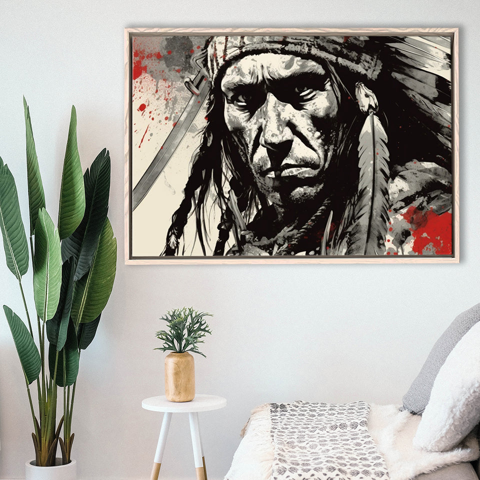 Native American Warrior Baclk And Red Framed Canvas Prints Wall Art, Floating Frame, Large Canvas Home Decor