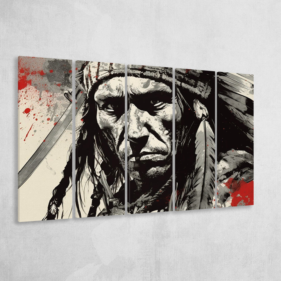 Native American Warrior Baclk And Red, 5 Panel B Canvas Prints Wall Art, Extra Large Canvas Decor