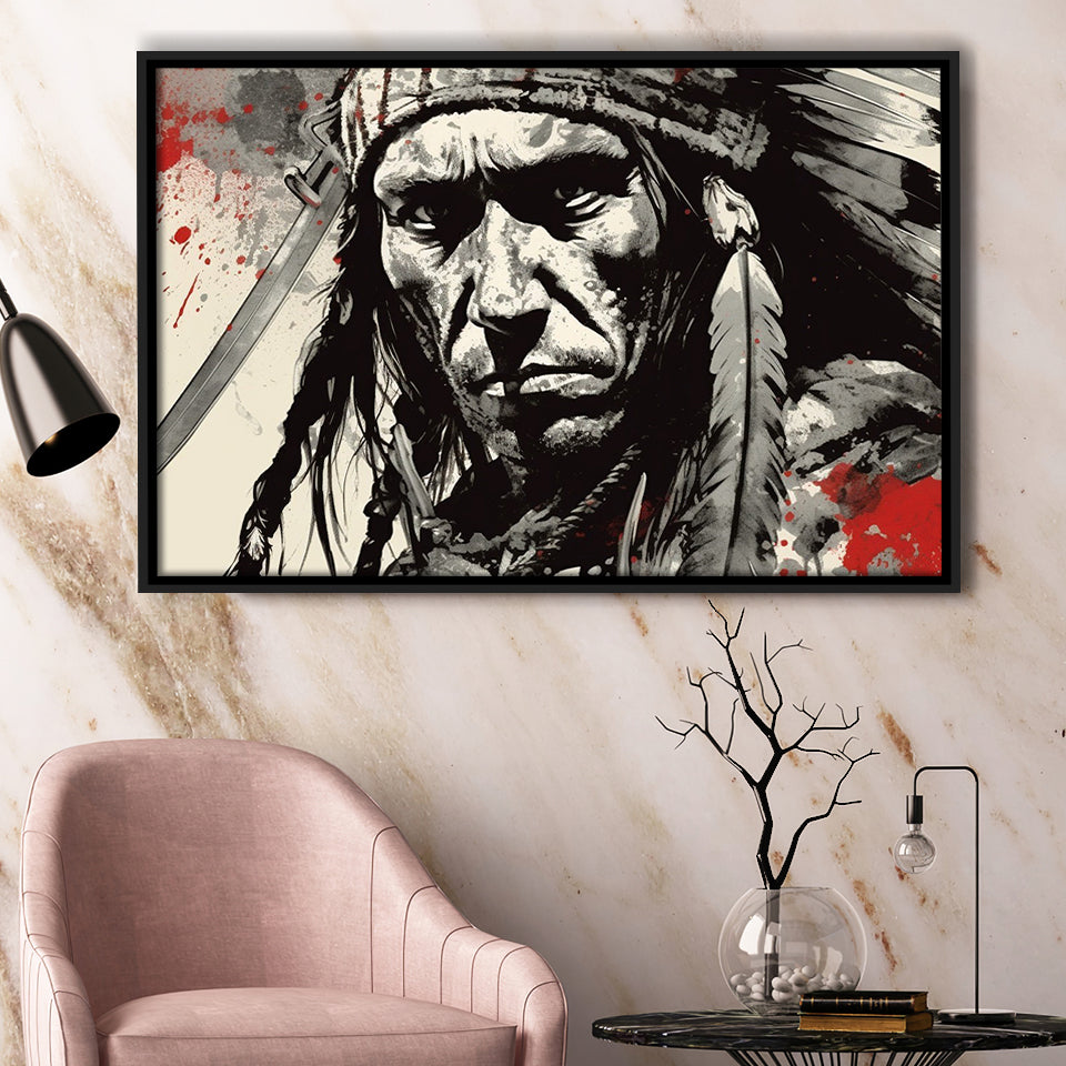 Native American Warrior Baclk And Red Framed Canvas Prints Wall Art, Floating Frame, Large Canvas Home Decor