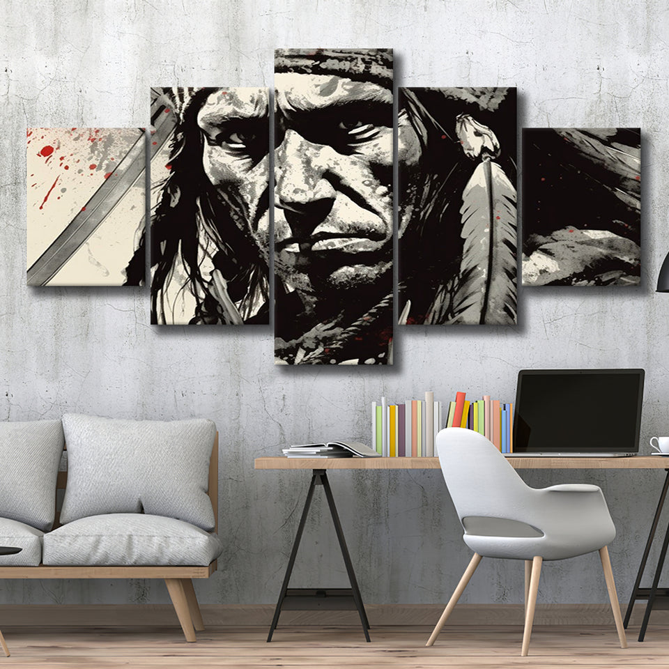 Native American Warrior Baclk And Red, 5 Panel Canvas Prints Wall Art,Mixed Canvas, Large Canvas