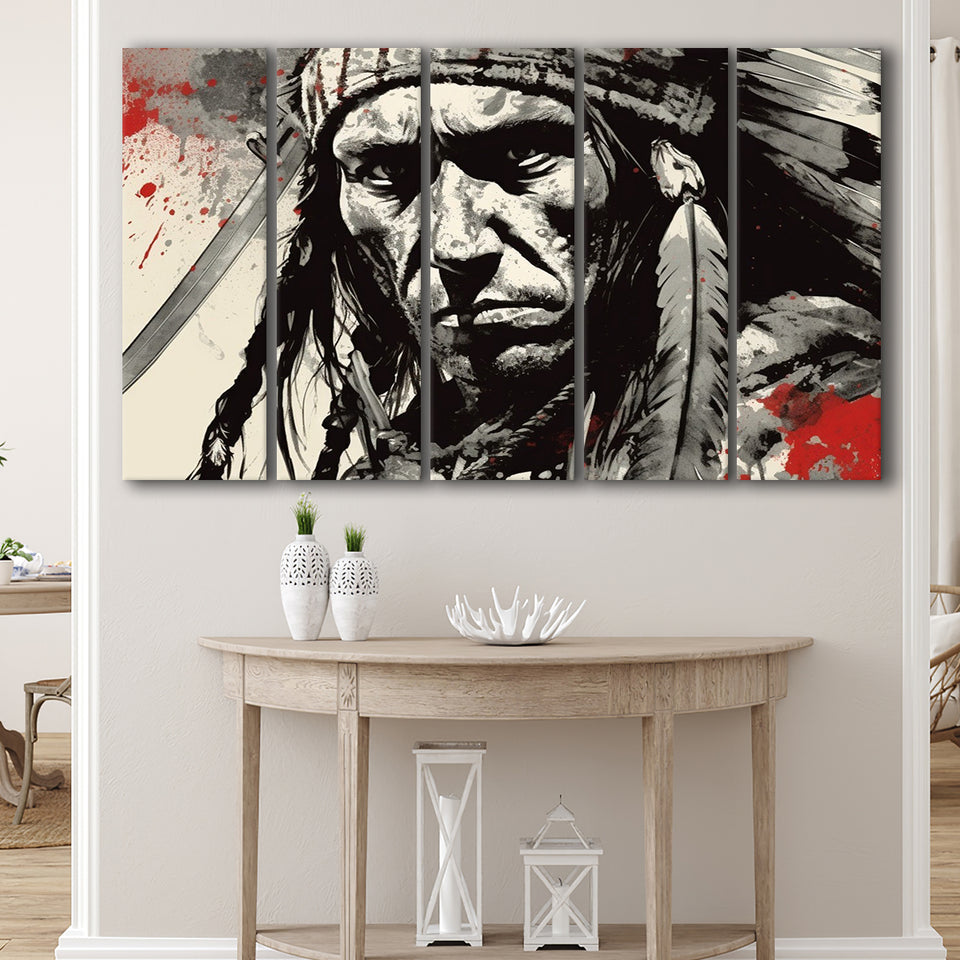 Native American Warrior Baclk And Red, 5 Panel B Canvas Prints Wall Art, Extra Large Canvas Decor