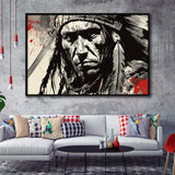 Native American Warrior Baclk And Red Framed Canvas Prints Wall Art, Floating Frame, Large Canvas Home Decor