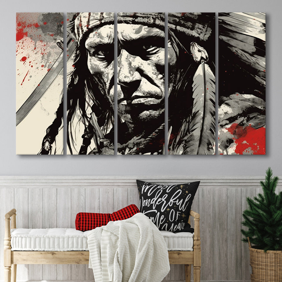 Native American Warrior Baclk And Red, 5 Panel B Canvas Prints Wall Art, Extra Large Canvas Decor