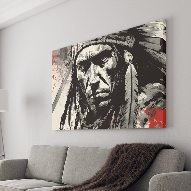 Native American Warrior Baclk And Red Canvas Prints Wall Art, Home Living Room Decor, Large Canvas