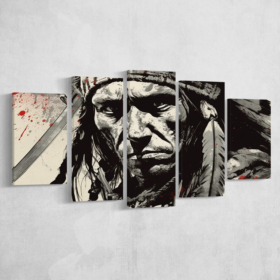 Native American Warrior Baclk And Red, 5 Panel Canvas Prints Wall Art,Mixed Canvas, Large Canvas