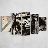 Native American Warrior Baclk And Red, 5 Panel Canvas Prints Wall Art,Mixed Canvas, Large Canvas