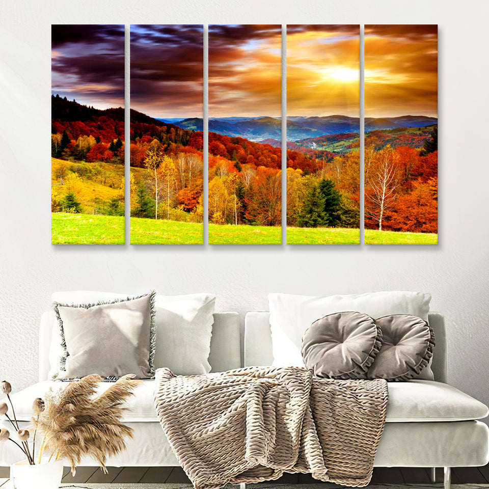 Nature Autumn Trees In A Sunset 5 Pieces B Canvas Prints Wall Art - Painting Canvas, Multi Panels,5 Panel, Wall Decor
