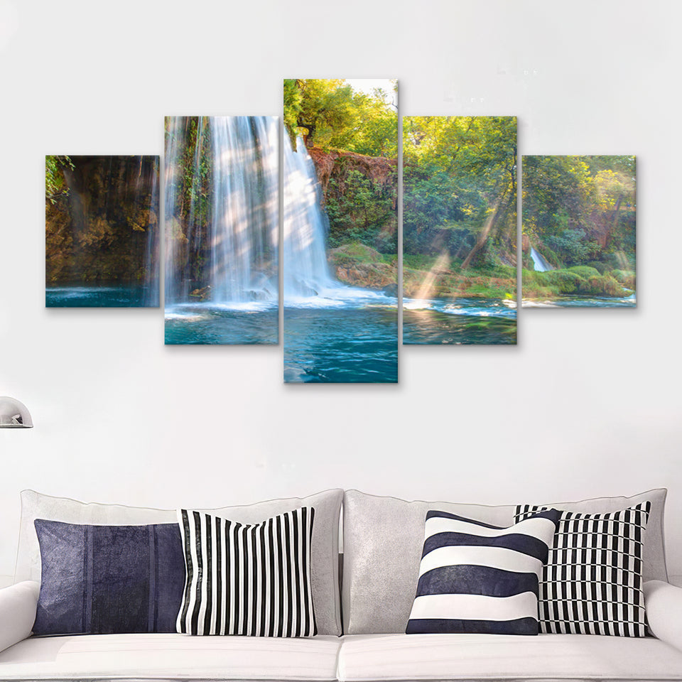 Nature Waterfalls In Summer  5 Pieces Canvas Prints Wall Art - Painting Canvas, Multi Panels, 5 Panel, Wall Decor
