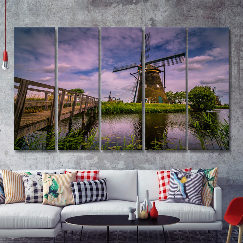 Nature Windmill In Netherlands 5 Pieces B Canvas Prints Wall Art - Painting Canvas, Multi Panels,5 Panel, Wall Decor
