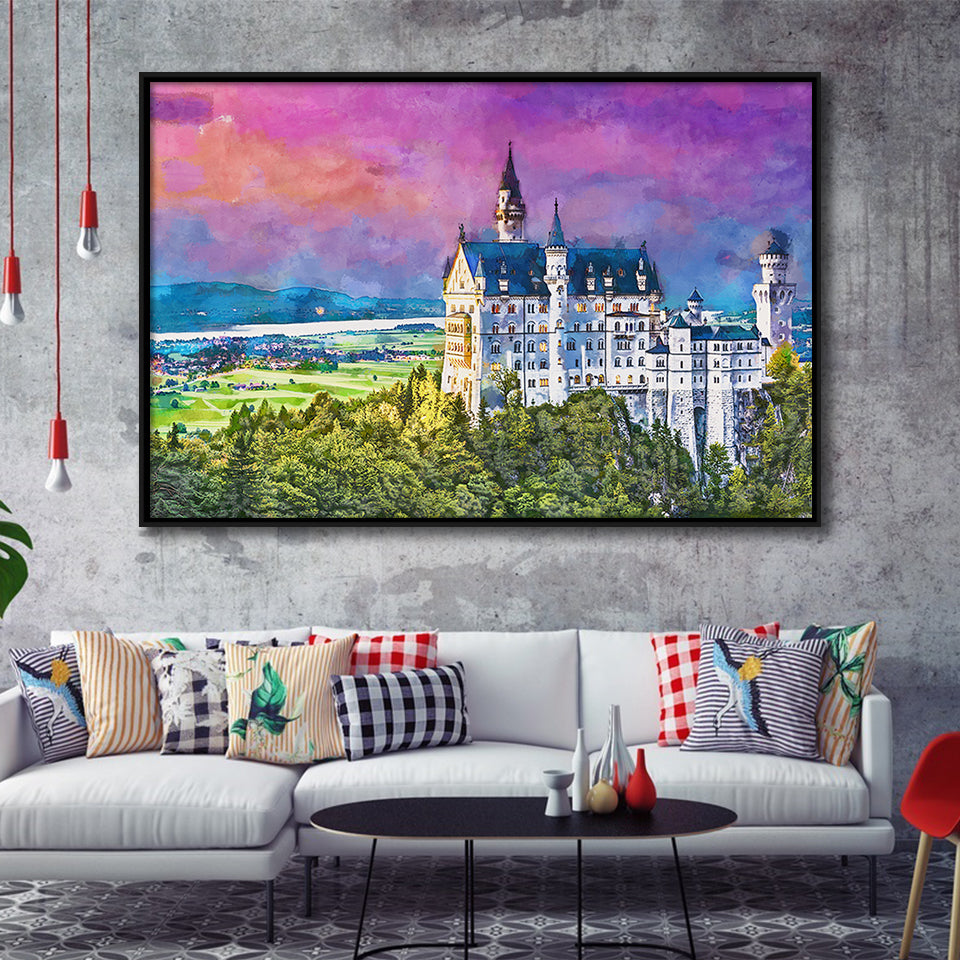 Neuschwanstein Castle Germany City Art Watercolor Framed Canvas Prints Wall Art Home Decor,Floating Frame