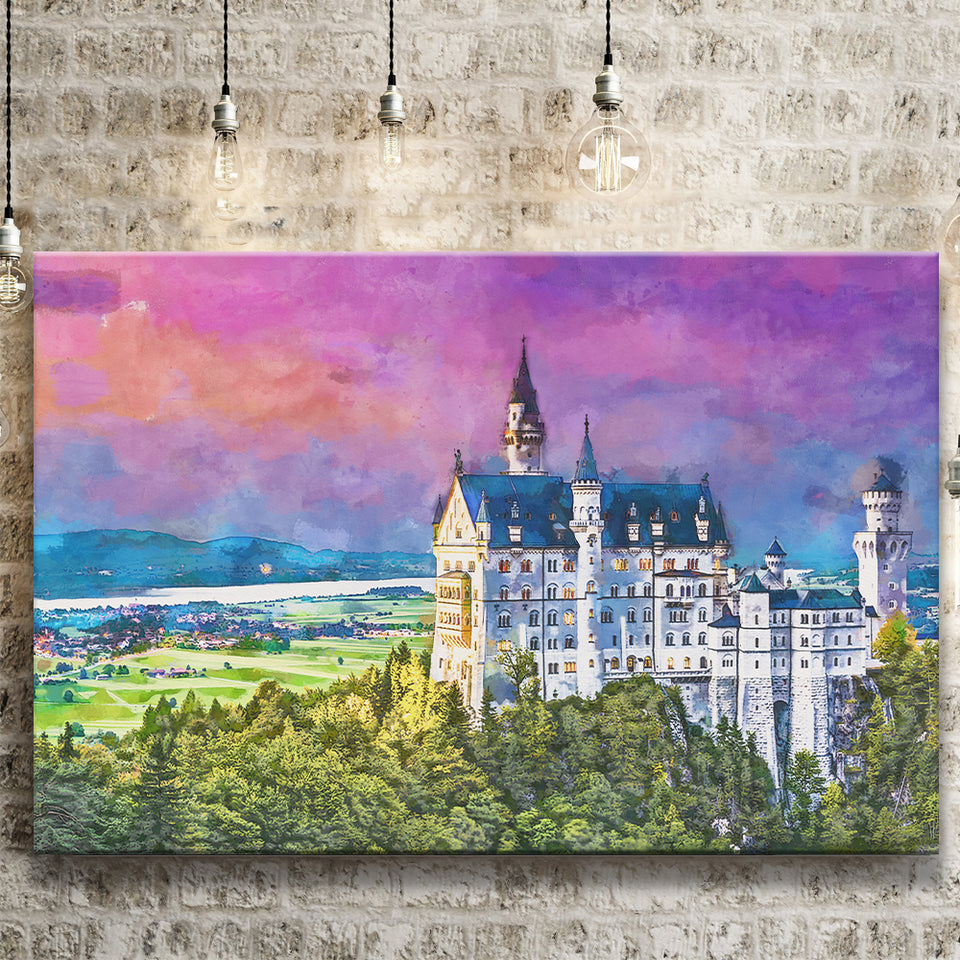 Neuschwanstein Castle Germany City Art Watercolor Canvas Prints Wall Art Home Decor, Large Canvas