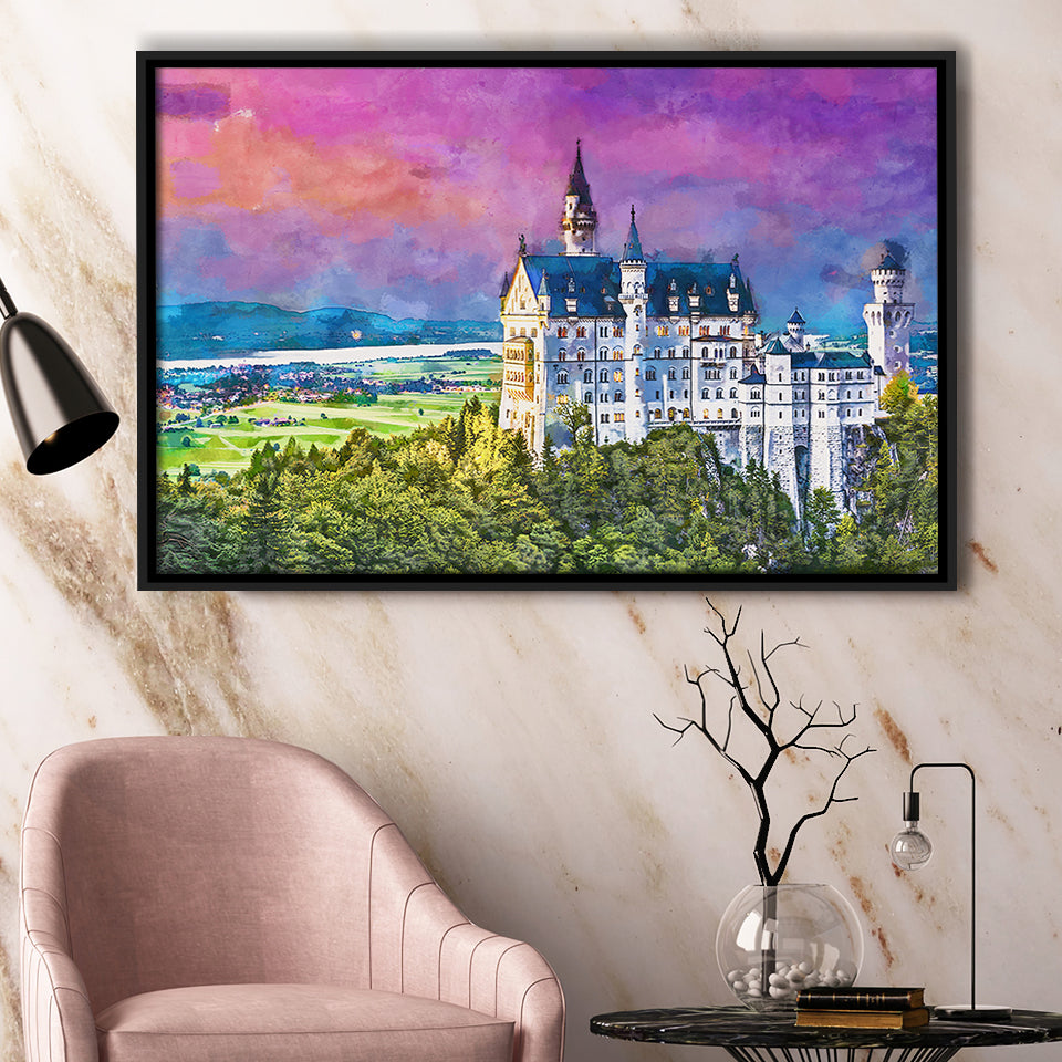 Neuschwanstein Castle Germany City Art Watercolor Framed Canvas Prints Wall Art Home Decor,Floating Frame