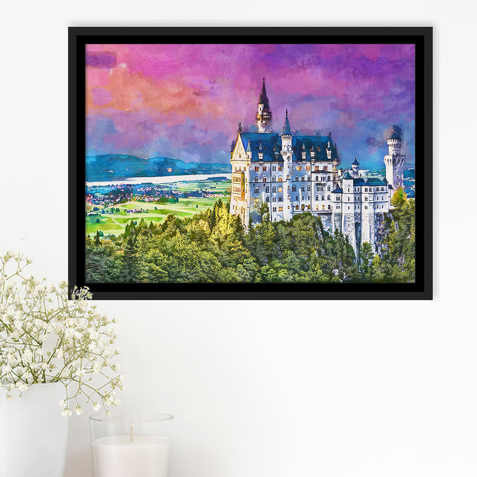 Neuschwanstein Castle Germany City Art Watercolor Framed Canvas Prints Wall Art Home Decor,Floating Frame