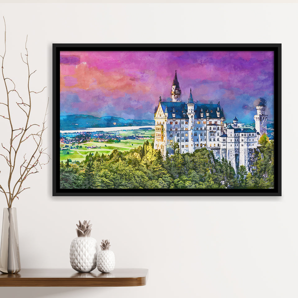 Neuschwanstein Castle Germany City Art Watercolor Framed Canvas Prints Wall Art Home Decor,Floating Frame