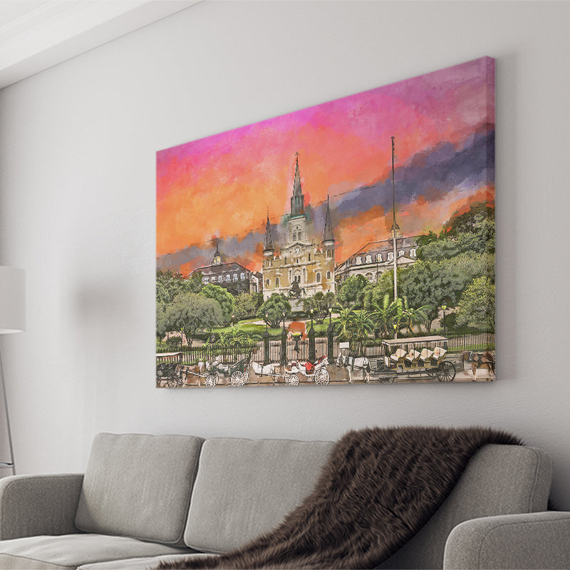 New Orleans Louisiana Jackson Square City Art Watercolor Canvas Prints Wall Art Home Decor, Large Canvas