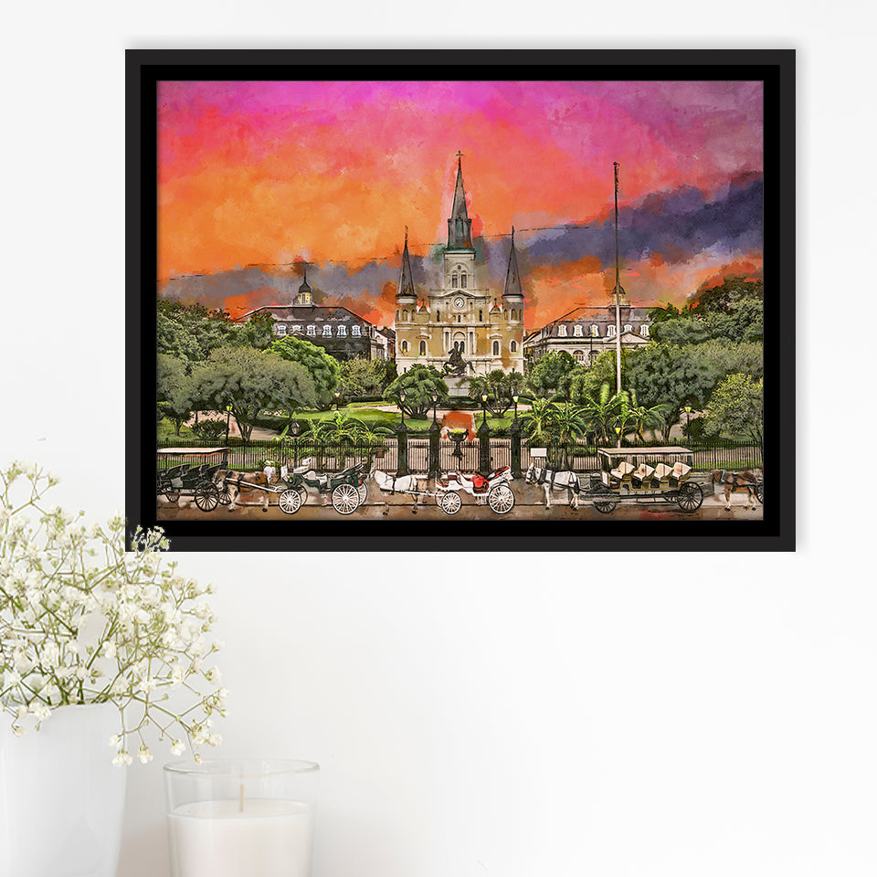 New Orleans Louisiana Jackson Square City Art Watercolor Framed Canvas Prints Wall Art Home Decor,Floating Frame