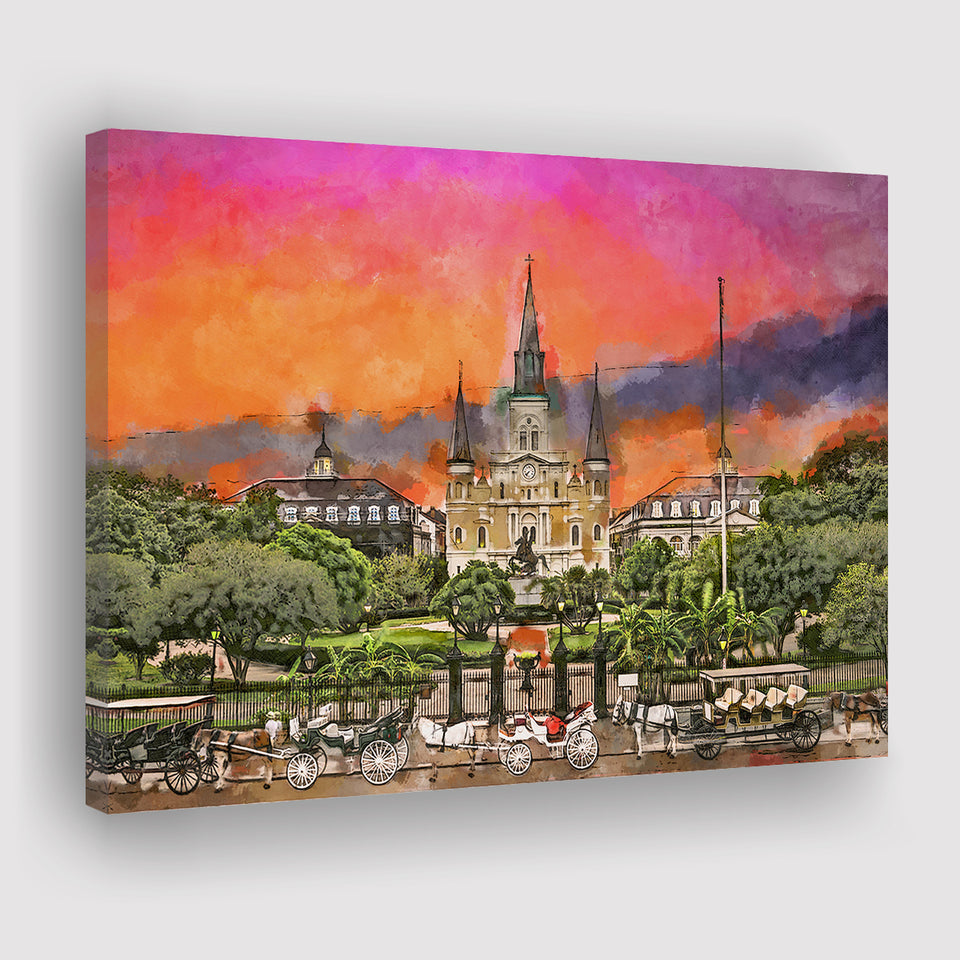 New Orleans Louisiana Jackson Square City Art Watercolor Canvas Prints Wall Art Home Decor, Large Canvas