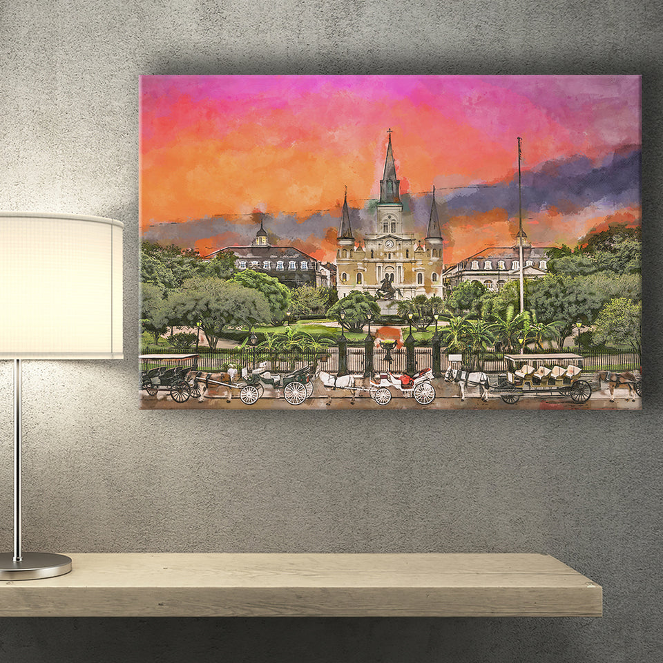 New Orleans Louisiana Jackson Square City Art Watercolor Canvas Prints Wall Art Home Decor, Large Canvas