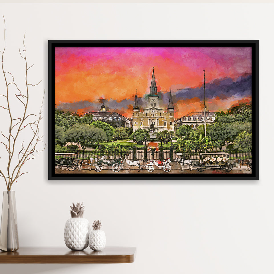 New Orleans Louisiana Jackson Square City Art Watercolor Framed Canvas Prints Wall Art Home Decor,Floating Frame