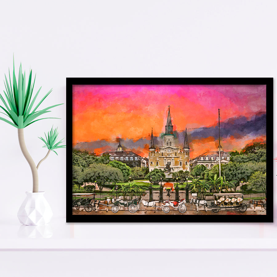 New Orleans Louisiana Jackson Square City Art Watercolor Framed Art Prints Wall Art Decor,Framed Picture