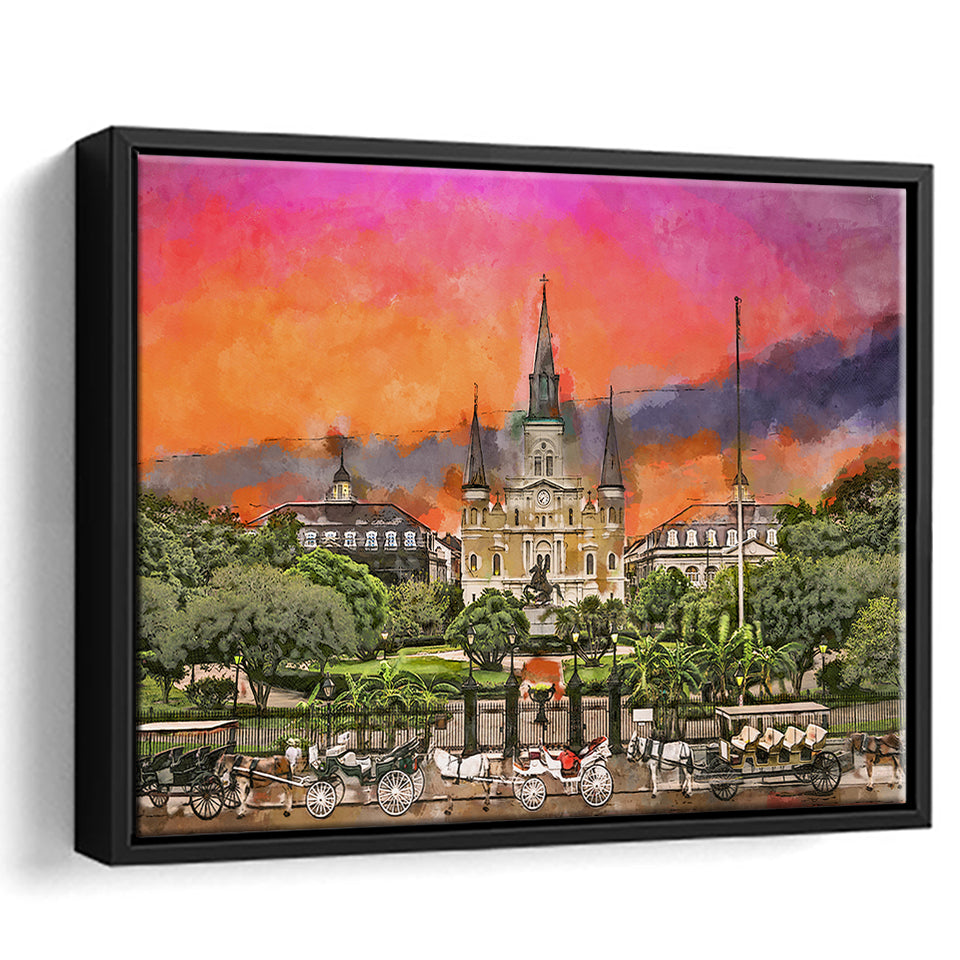 New Orleans Louisiana Jackson Square City Art Watercolor Framed Canvas Prints Wall Art Home Decor,Floating Frame