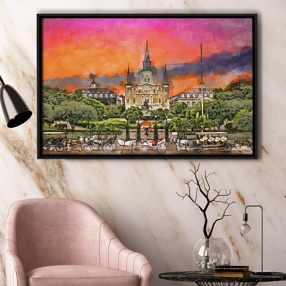 New Orleans Louisiana Jackson Square City Art Watercolor Framed Canvas Prints Wall Art Home Decor,Floating Frame