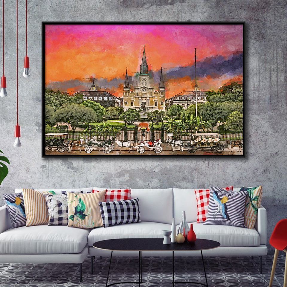 New Orleans Louisiana Jackson Square City Art Watercolor Framed Canvas Prints Wall Art Home Decor,Floating Frame