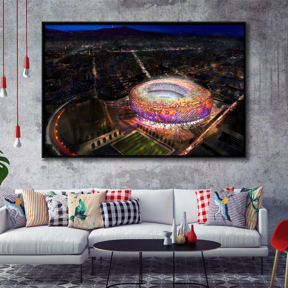 New Camp Nou Aerial View, Football Stadium Framed Canvas Prints Wall Art - Painting Canvas, Wall Decor,Floating Frame