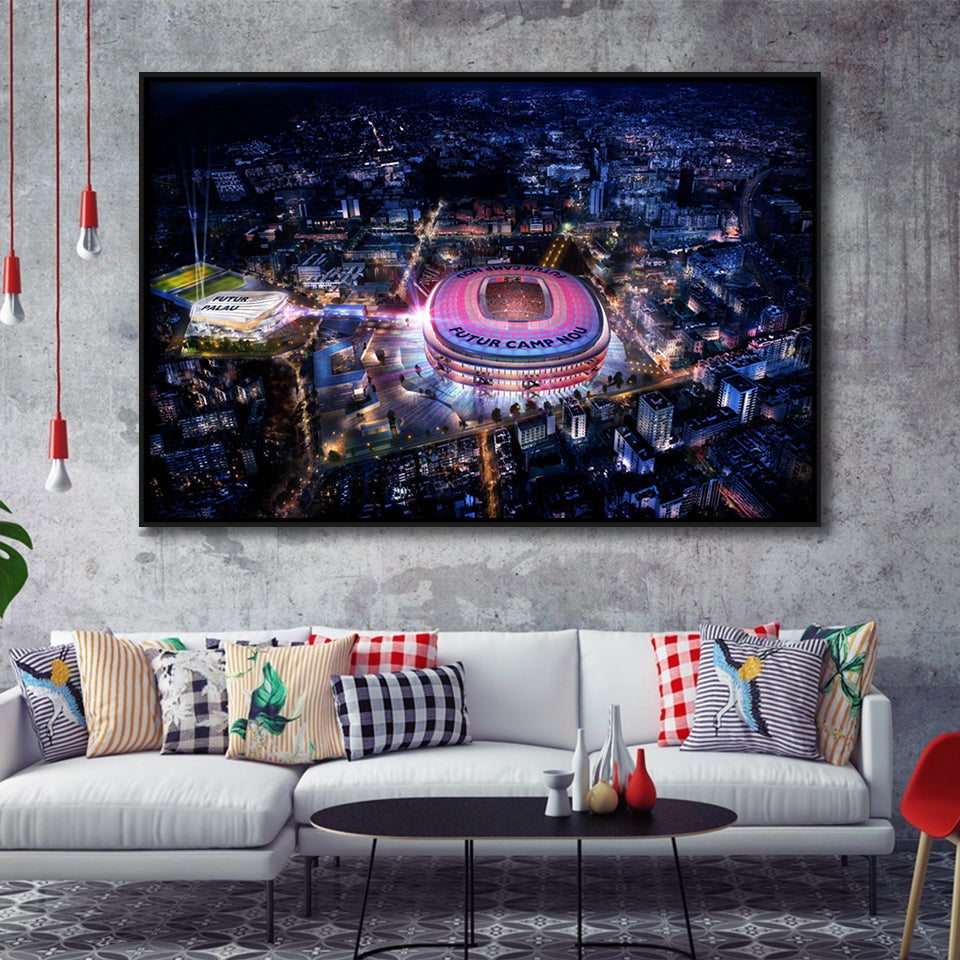 New Camp Nou Aerial View, Nightscapes, Football Stadium Framed Canvas Prints Wall Art - Painting Canvas, Wall Decor,Floating Frame