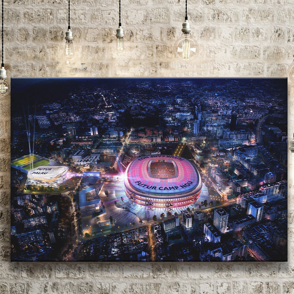 New Camp Nou Aerial View, Nightscapes, Football Stadium Canvas Prints Wall Art - Painting Canvas, Wall Decor, Fan Gift, Art Prints