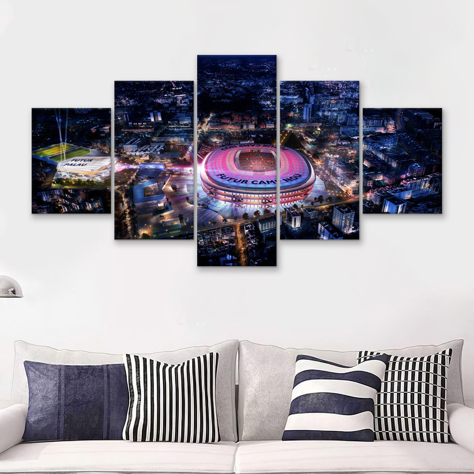 New Camp Nou Aerial View, Nightscapes, Football Stadium 5 Pieces Canvas Prints Wall Art - Painting Canvas, Multi Panel, Fan Gift