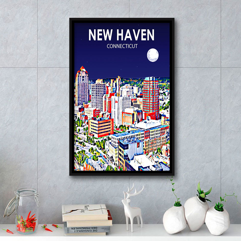 New Haven CT Art Night Landscape, Large Canvas, Framed Canvas Print Wall Art Home Decor, Floating Frame