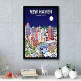 New Haven CT Art Night Landscape, Large Canvas, Framed Canvas Print Wall Art Home Decor, Floating Frame